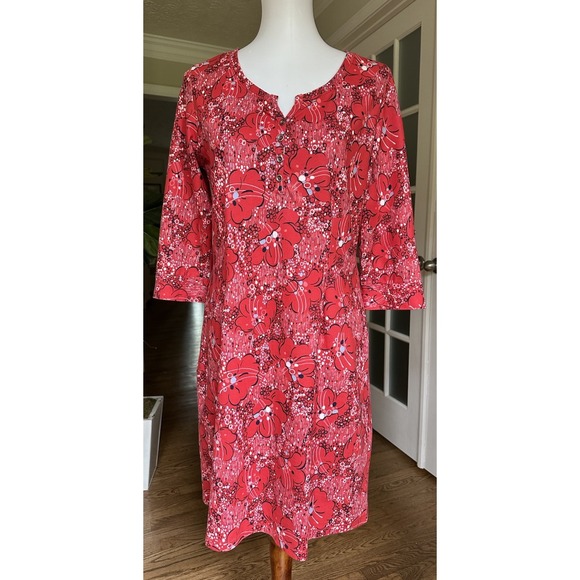 REI Women's Red Floral 3/4 Sleeve Button Front Casual Dress Size M Cotton Blend - Picture 1 of 8